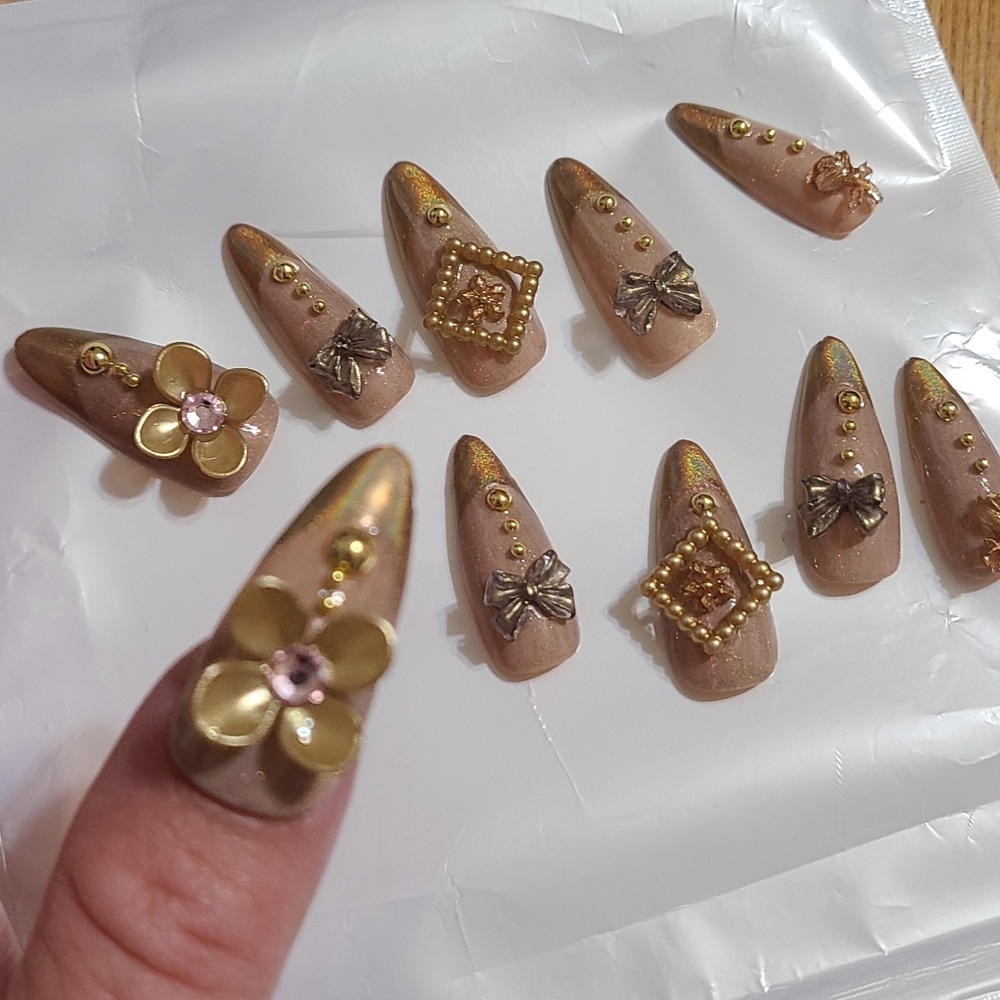 Handmade Almond Extra charm nails. Gold chrome French tips, reusable.